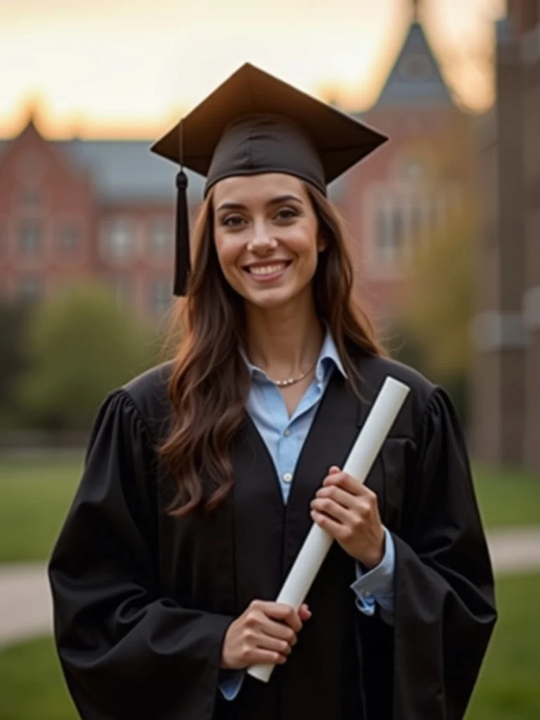 graduation portrait photograph of a person wearing traditional black graduation cap and gown with ac - graduation AI photo