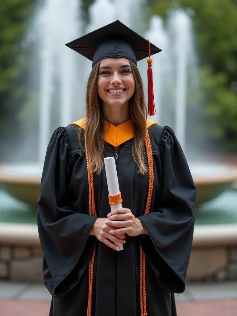 graduation ceremony photograph of a person in full academic regalia including graduation gown - graduation AI photo