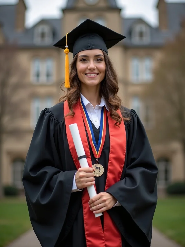 formal graduation portrait of a person in academic dress with graduation stole and medals - graduation AI photo