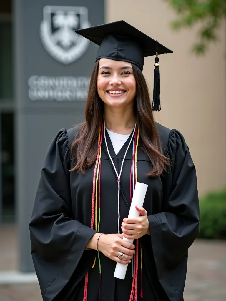 graduation ceremony photograph of a person in black graduation gown and cap with colorful honor cord - graduation AI photo
