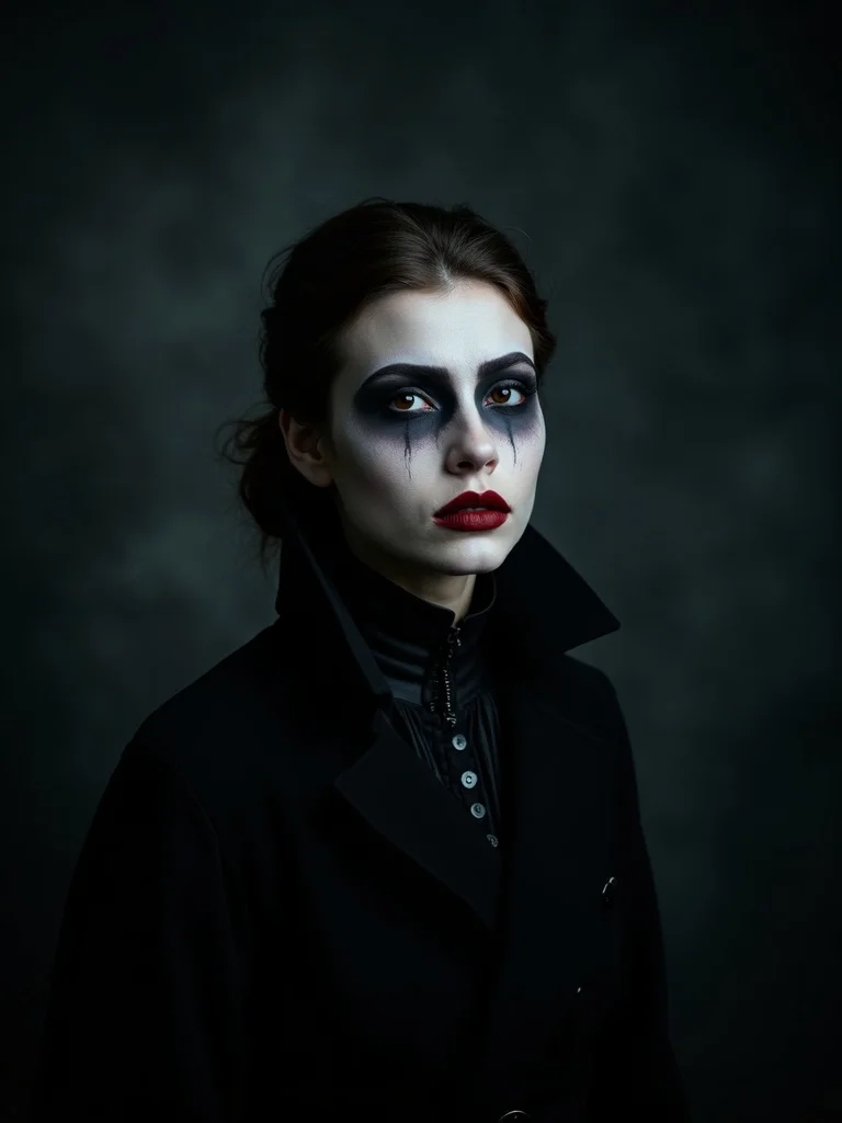 portrait photograph of a person wearing an elaborate vampire costume with dramatic stage makeup feat - halloween AI photo