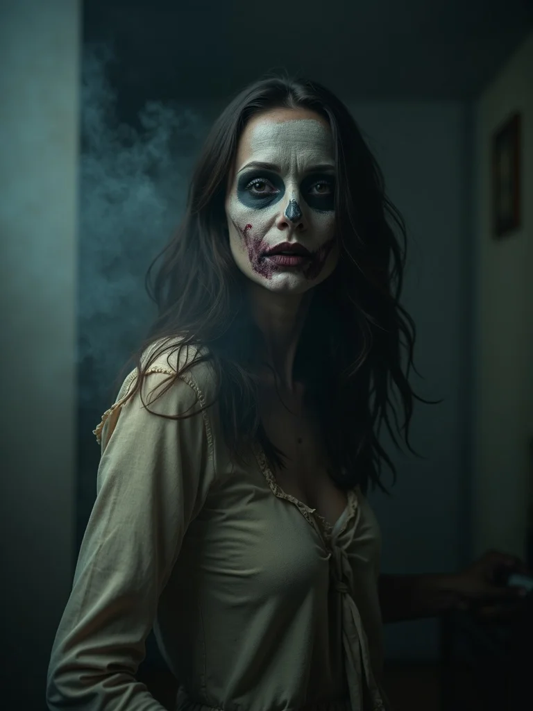 Photorealistic portrait of a person in professional zombie costume makeup with prosthetic wounds - halloween AI photo
