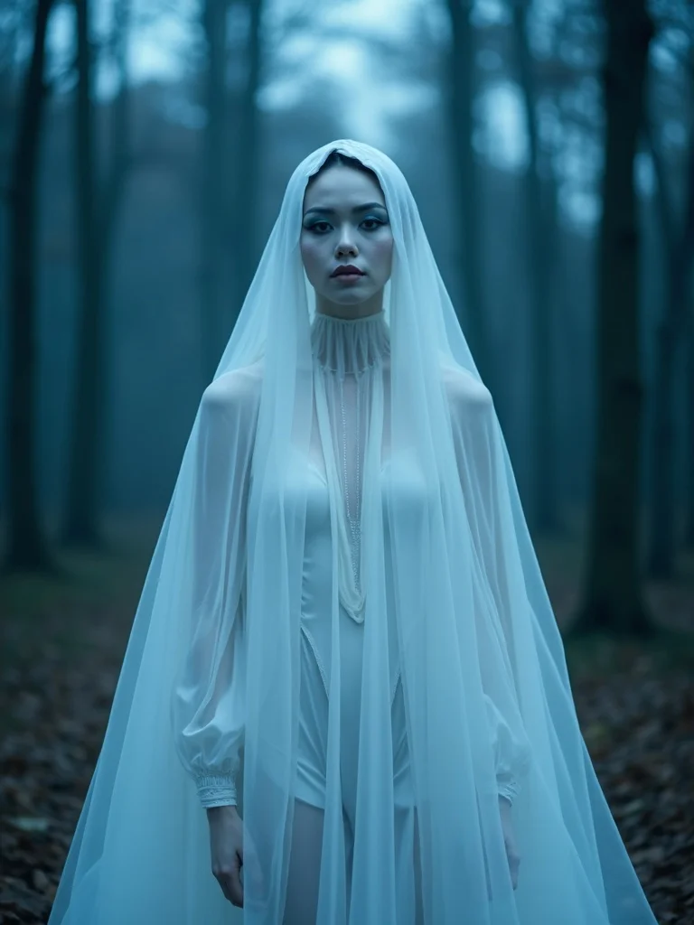 costume photography of a person wearing an elegant ghost costume made from flowing white fabric and  - halloween AI photo