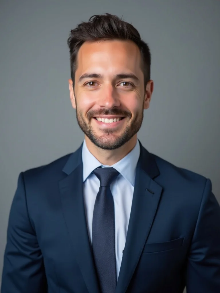 corporate business headshot photograph of a person wearing a navy blue suit with white dress shirt a - headshots AI photo