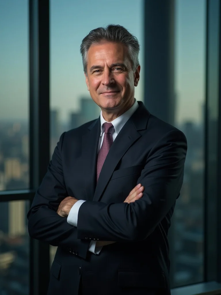 Executive portrait photograph of a person in an elegant dark business suit with arms crossed in a co - headshots AI photo