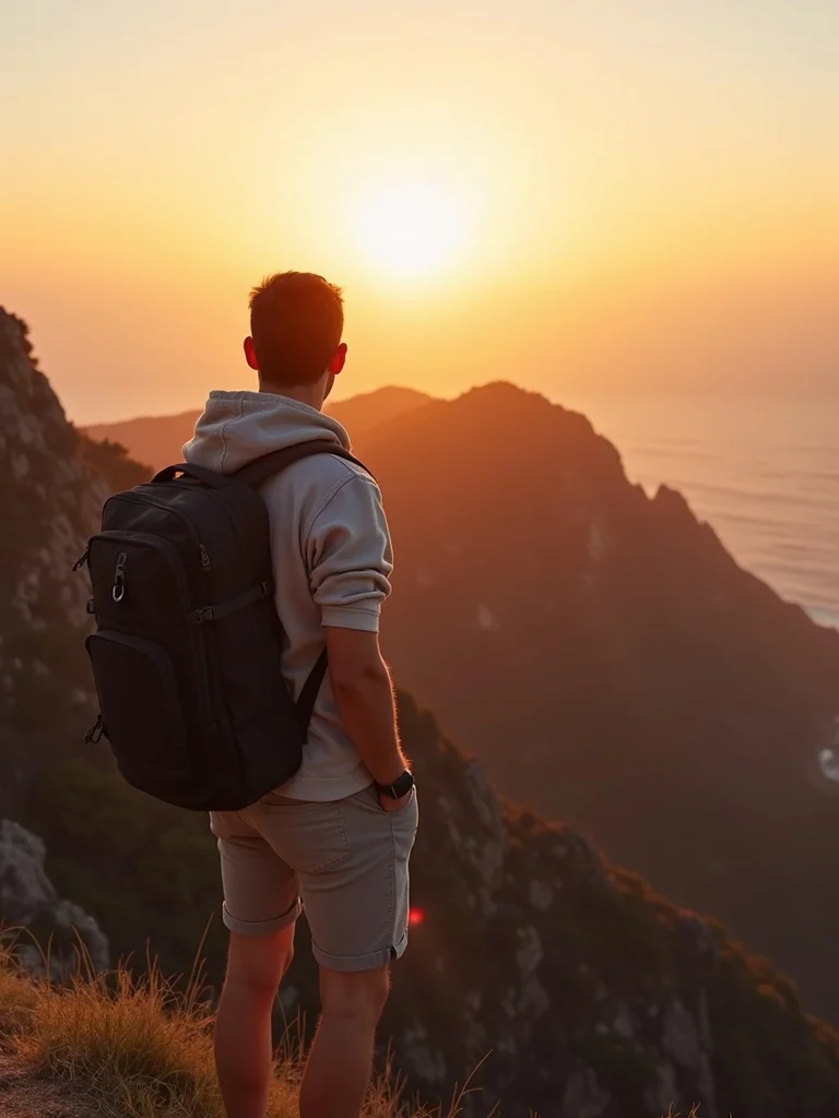travel influencer photograph of a person at a scenic mountain or coastal overlook wearing casual chi - influencer AI photo