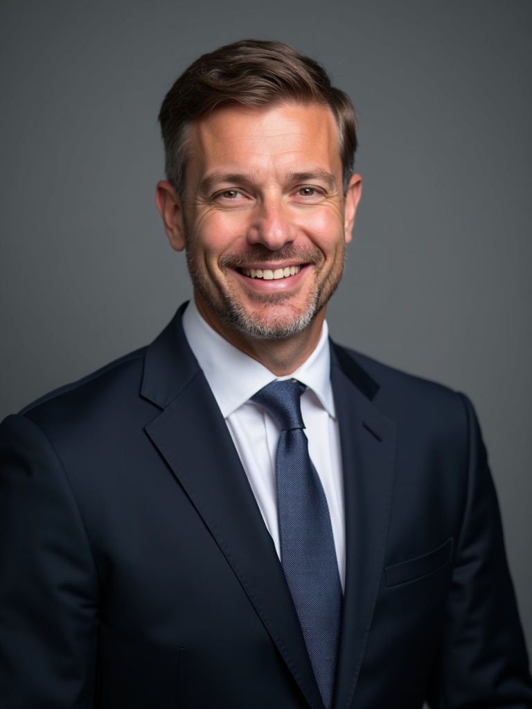 attorney headshot photograph of a lawyer wearing dark navy business suit with crisp white dress shir - lawyer-headshots AI photo