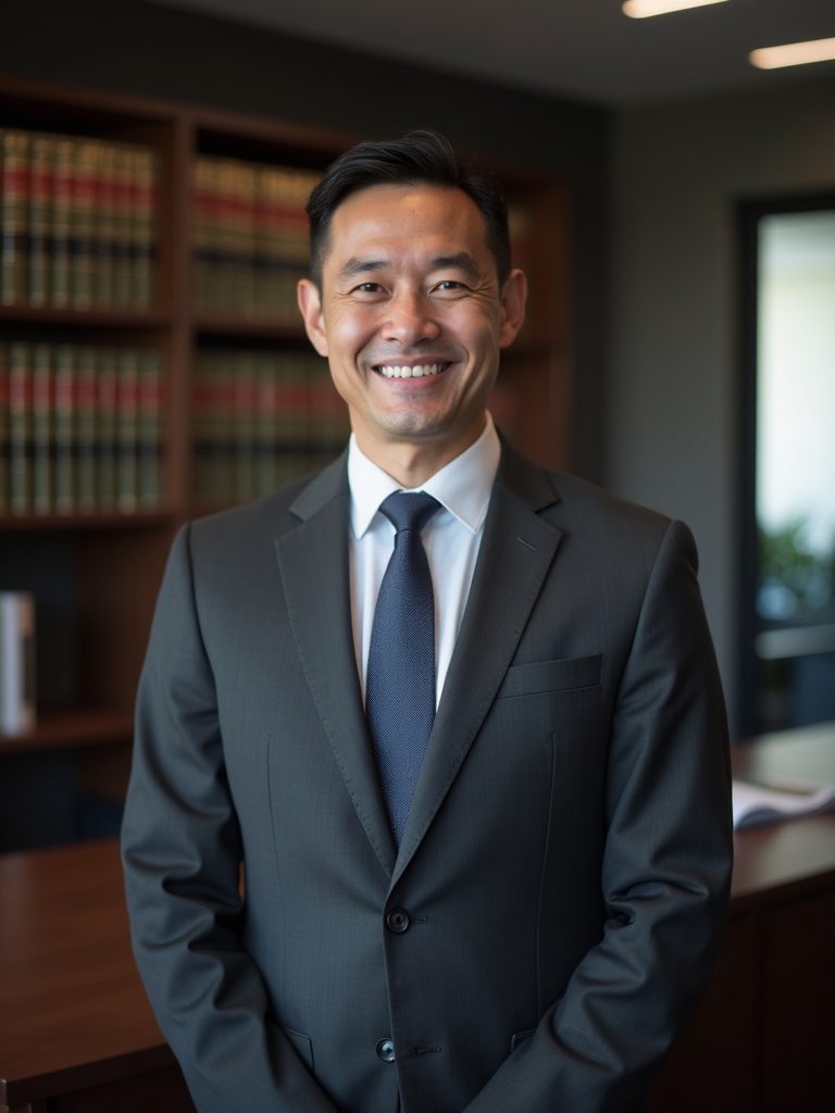 law firm portrait of an attorney wearing charcoal gray suit standing in modern law office with law b - lawyer-headshots AI photo