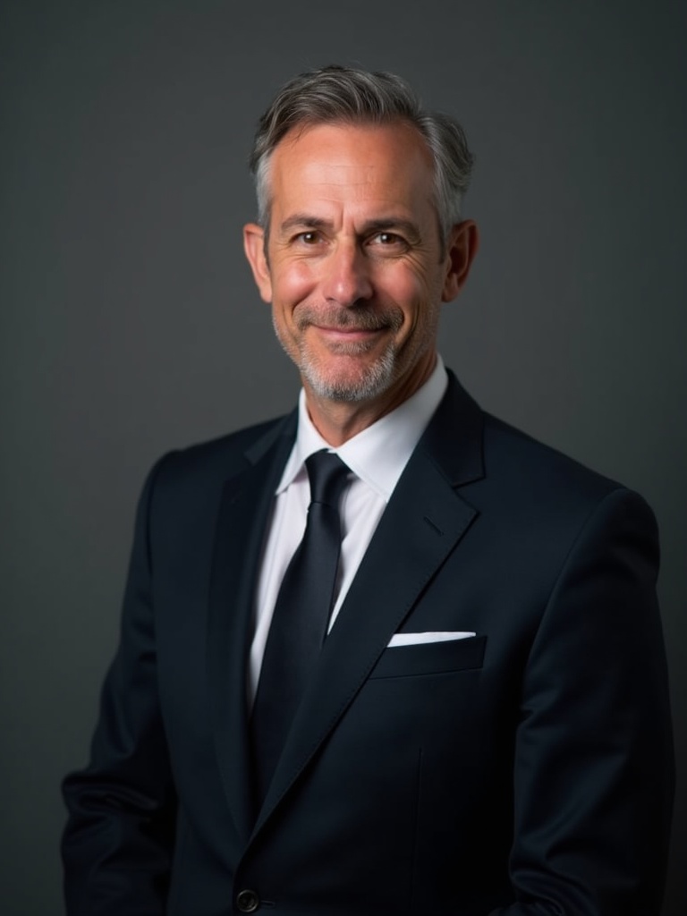 law firm headshot of a senior partner lawyer wearing elegant dark suit with prestigious firm credent - lawyer-headshots AI photo