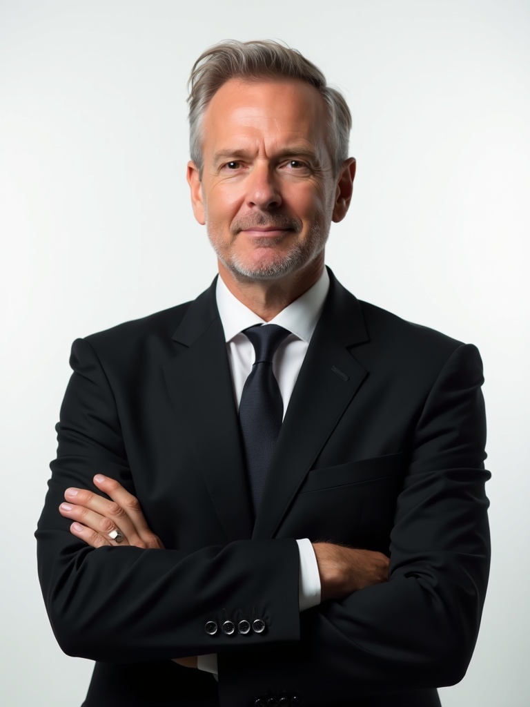 legal headshot of a lawyer in black business suit with arms crossed in confident authoritative pose. - lawyer-headshots AI photo