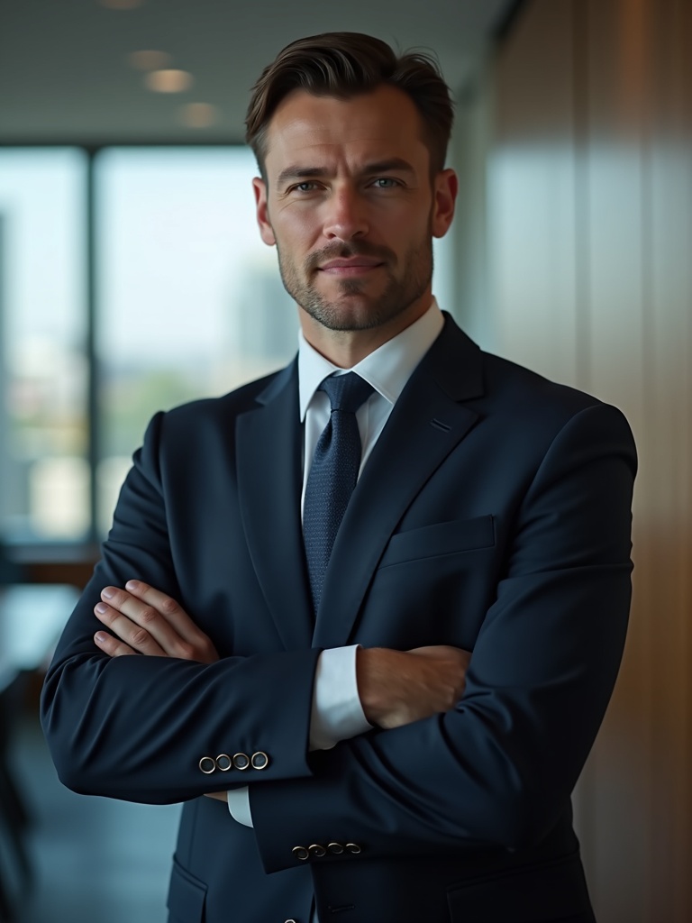 attorney portrait of a male lawyer wearing three-piece suit in law firm conference room setting. The - lawyer-headshots AI photo