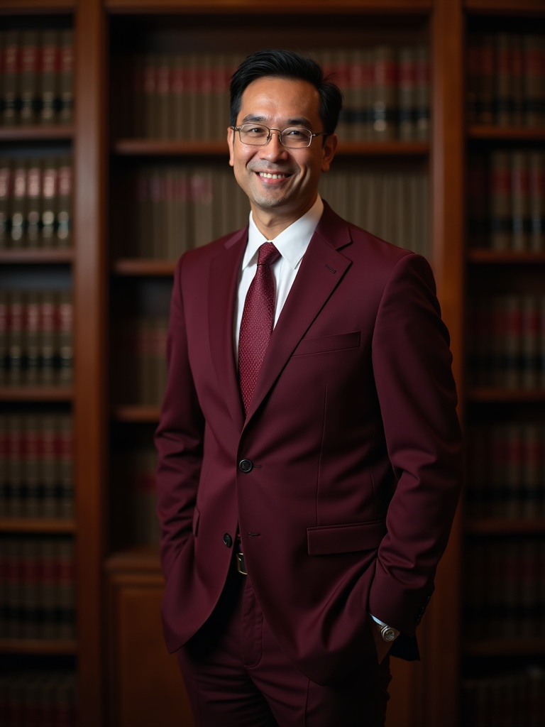 law firm headshot of a lawyer wearing burgundy business suit with professional briefcase - lawyer-headshots AI photo