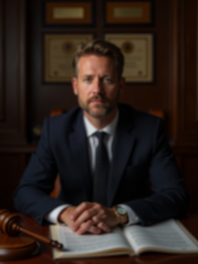 legal headshot of a lawyer in dark suit sitting at mahogany desk with legal documents and gavel visi - lawyer-headshots AI photo