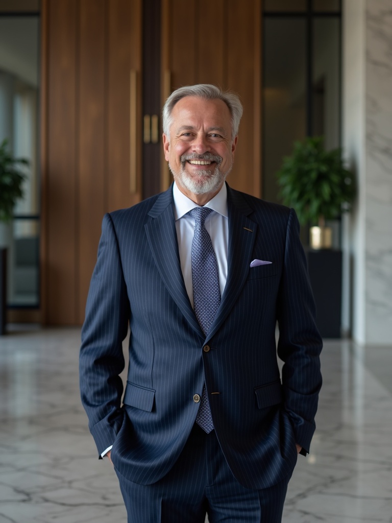 attorney portrait of a lawyer in navy pinstripe suit standing in modern law firm lobby with firm log - lawyer-headshots AI photo