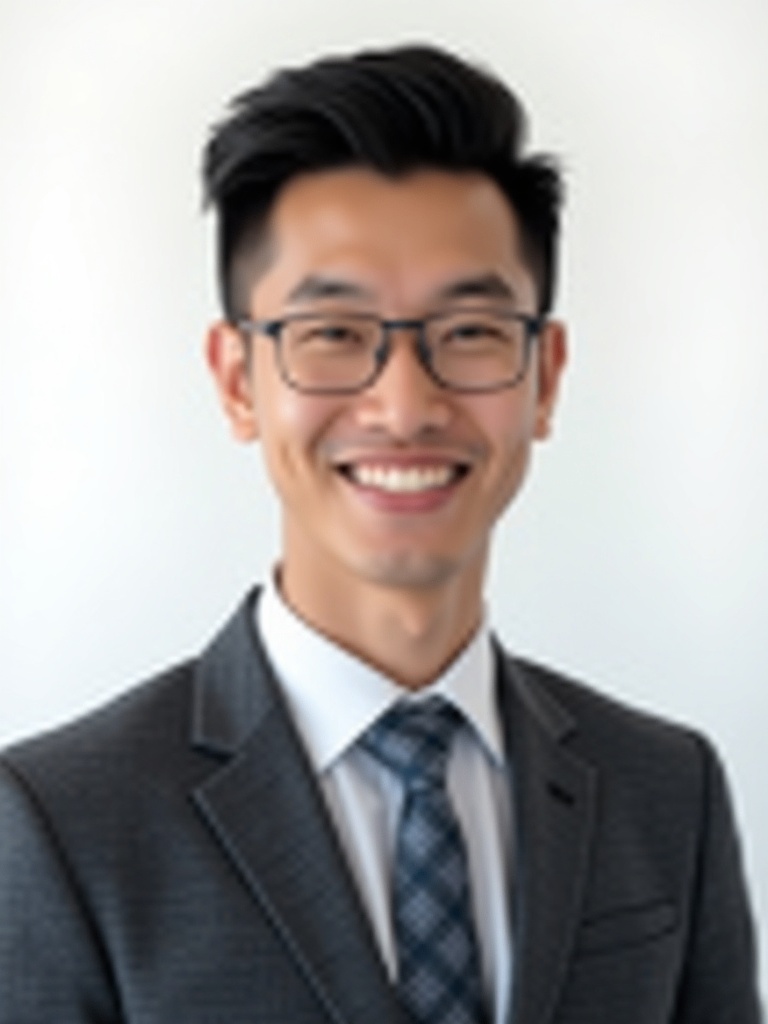 legal headshot of a young associate lawyer wearing dark gray suit with modern styling. Shot against  - lawyer-headshots AI photo