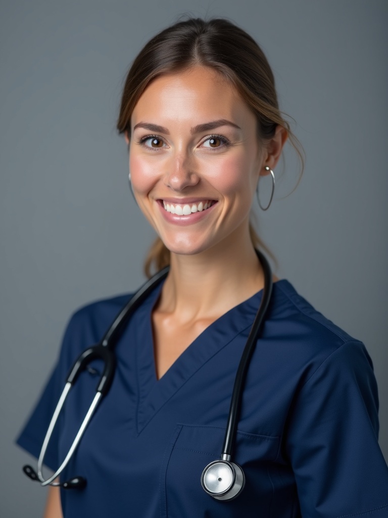 healthcare headshot photograph of a nurse wearing navy blue medical scrubs with stethoscope around n - nurse-headshots AI photo