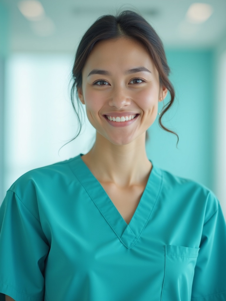 High-quality professional portrait of a nurse wearing teal medical scrubs in contemporary healthcare - nurse-headshots AI photo