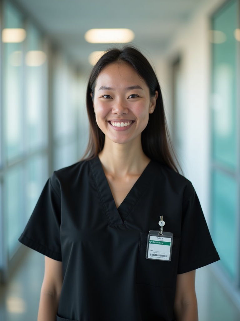 nurse headshot of a person wearing black medical scrubs with hospital ID badge prominently visible - nurse-headshots AI photo