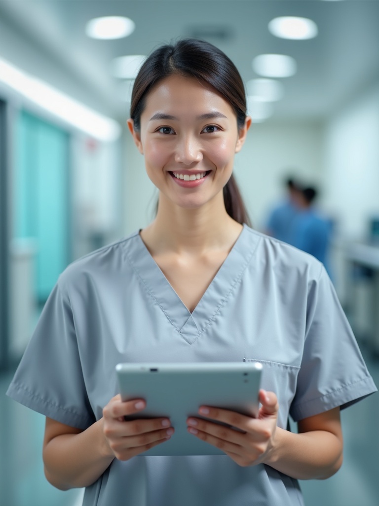 healthcare portrait of a nurse wearing light gray medical scrubs holding a tablet device in modern d - nurse-headshots AI photo