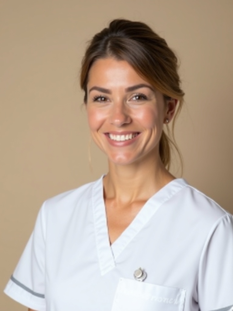nurse headshot of a person in crisp white medical scrubs with name badge visible - nurse-headshots AI photo