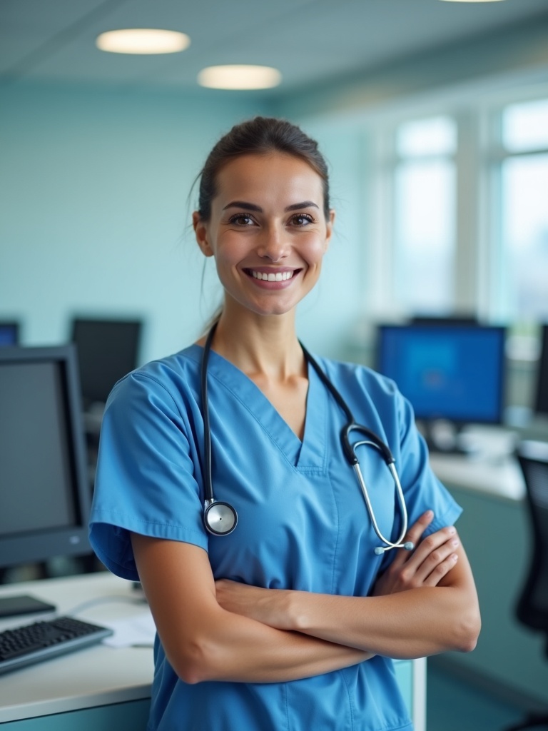 healthcare portrait photograph of a nurse in medical scrubs standing in modern nursing station with - nurse-headshots AI photo