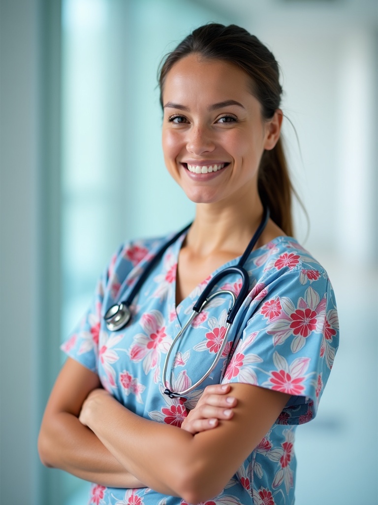 nurse headshot of a person wearing colorful patterned medical scrubs with arms crossed in confident - nurse-headshots AI photo