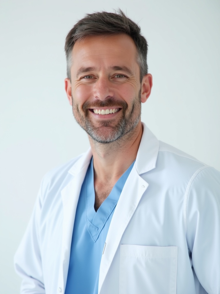 nursing profile photograph of a male nurse in professional medical attire including light blue scrub - nurse-headshots AI photo