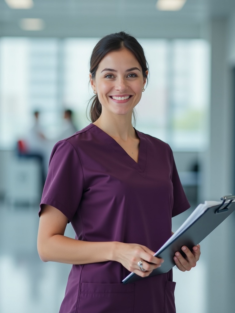 healthcare headshot of a nurse wearing dark purple medical scrubs with clipboard in hand - nurse-headshots AI photo