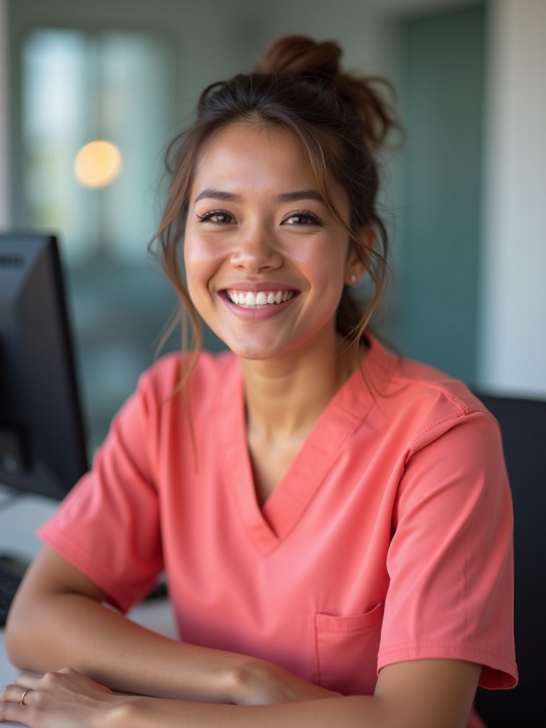 nurse portrait of a person in coral pink medical scrubs sitting at modern nursing desk with computer - nurse-headshots AI photo