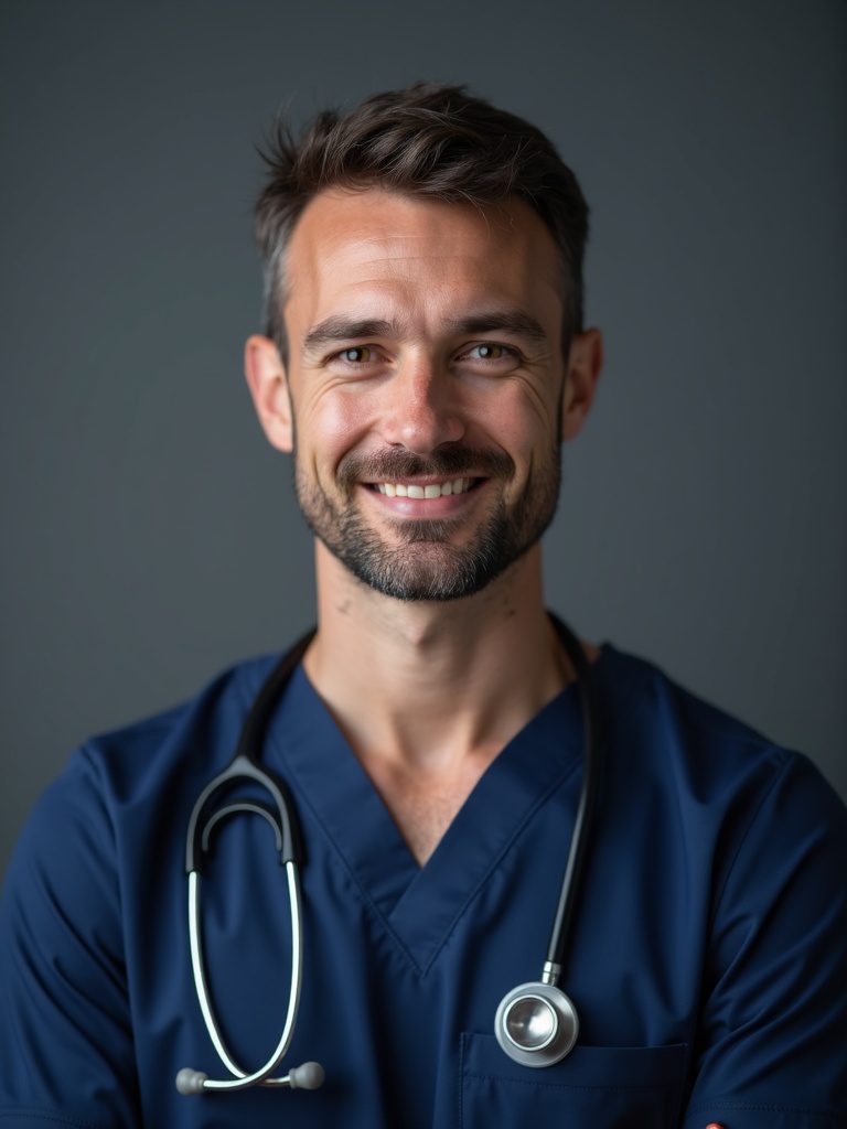 male nurse headshot wearing navy blue medical scrubs with stethoscope draped around shoulders. Shot - nurse-headshots AI photo