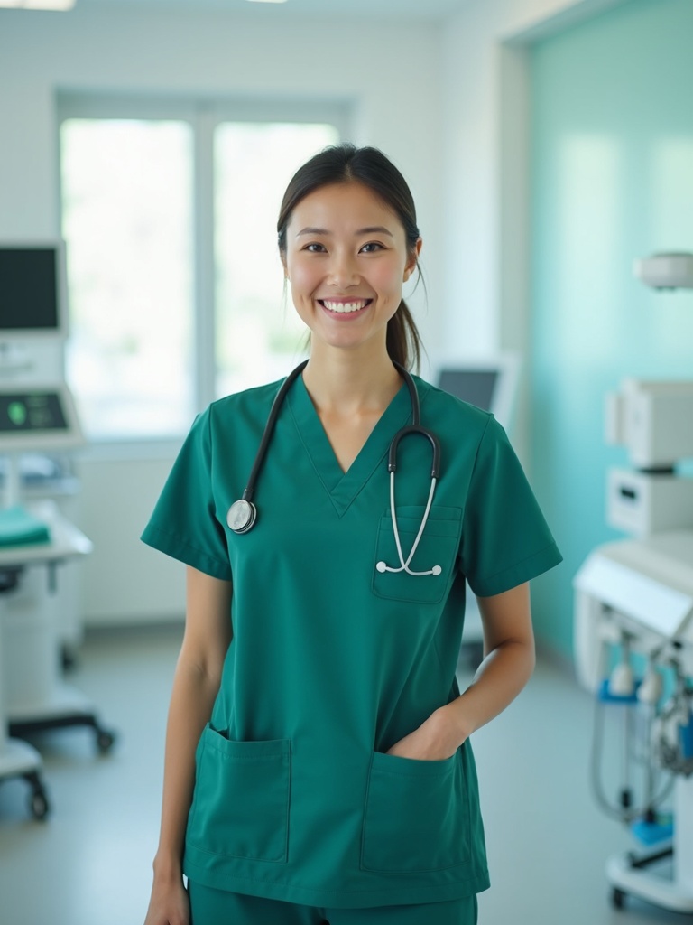 healthcare portrait of a nurse in forest green medical scrubs standing beside medical equipment in b - nurse-headshots AI photo