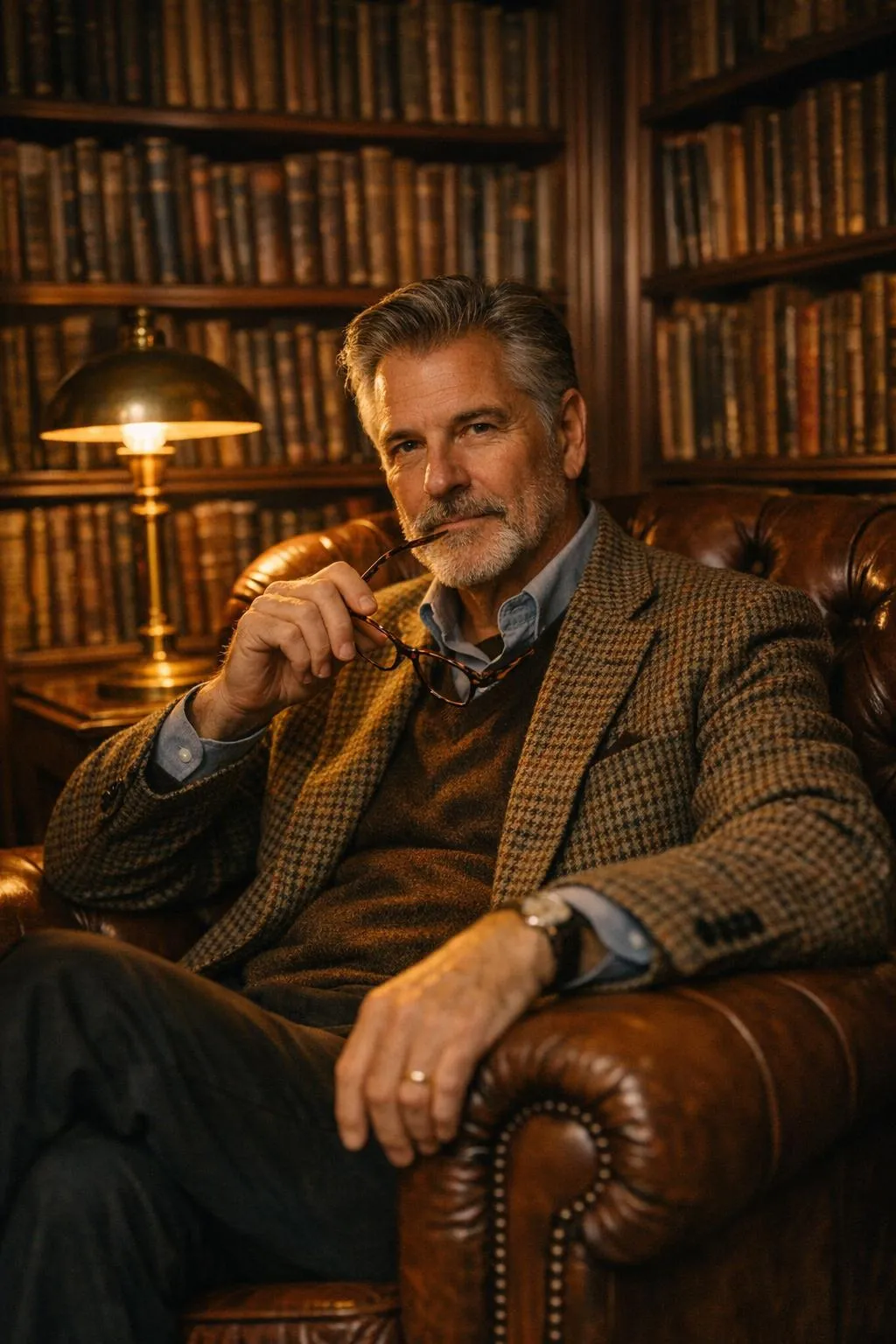 Man in his late 50s in a wood-panelled private library. Wearing a houndstooth tweed sport coat - old-money AI photo
