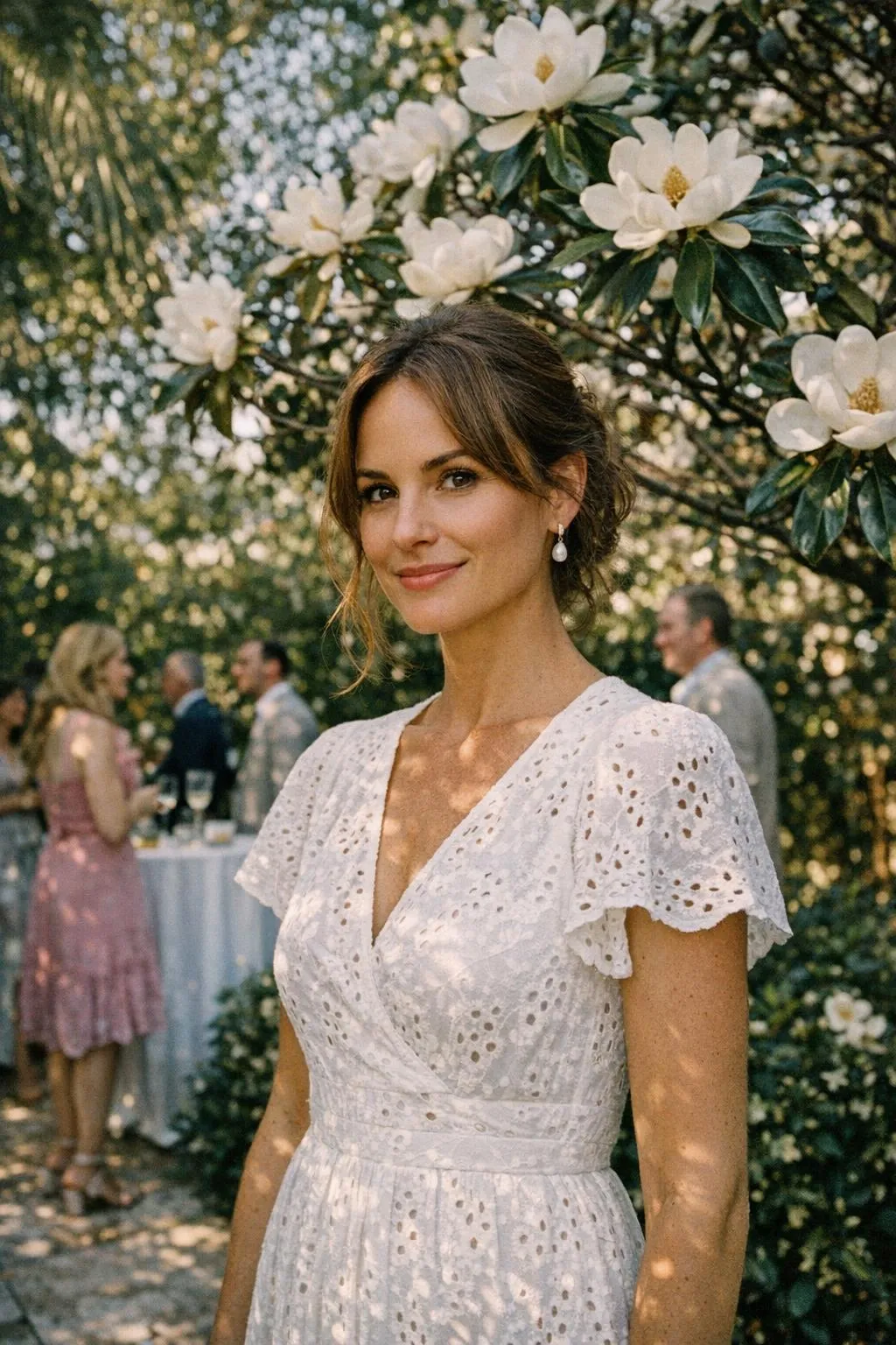 Woman in her mid-30s at a Palm Beach garden party. Wearing a white broderie anglaise midi dress - old-money AI photo