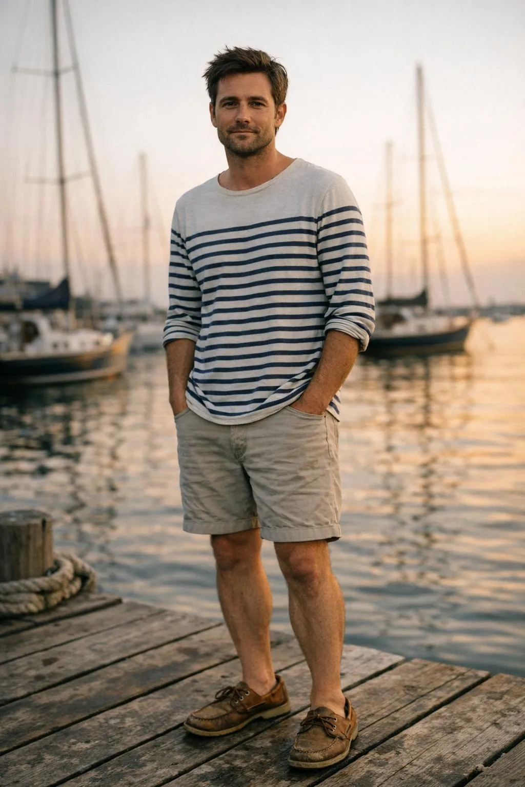 Man in his late 30s on a Nantucket dock at golden hour. Wearing a faded Breton-stripe boat shirt and - old-money AI photo