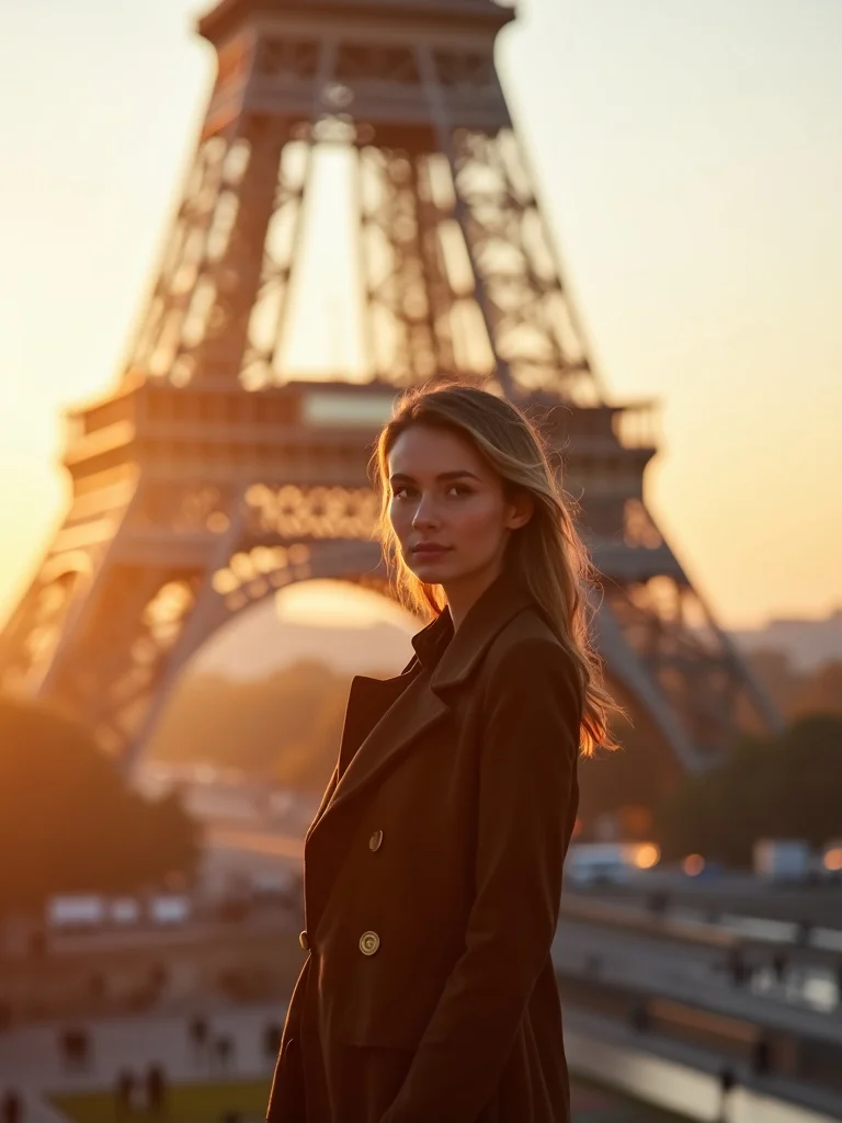 travel photograph of a person standing in front of the Eiffel Tower in Paris - places AI photo