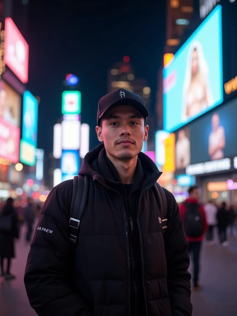 urban travel portrait of a person in Times Square - places AI photo