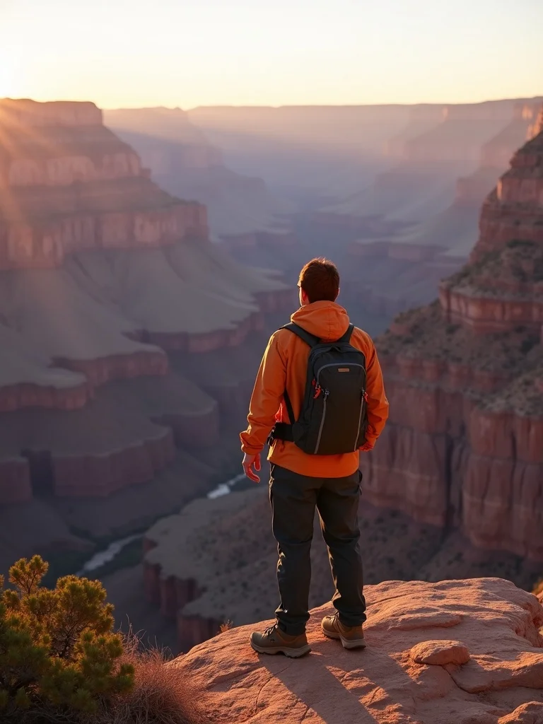 adventure travel photograph of a person at the rim of the Grand Canyon wearing hiking outfit includi - places AI photo