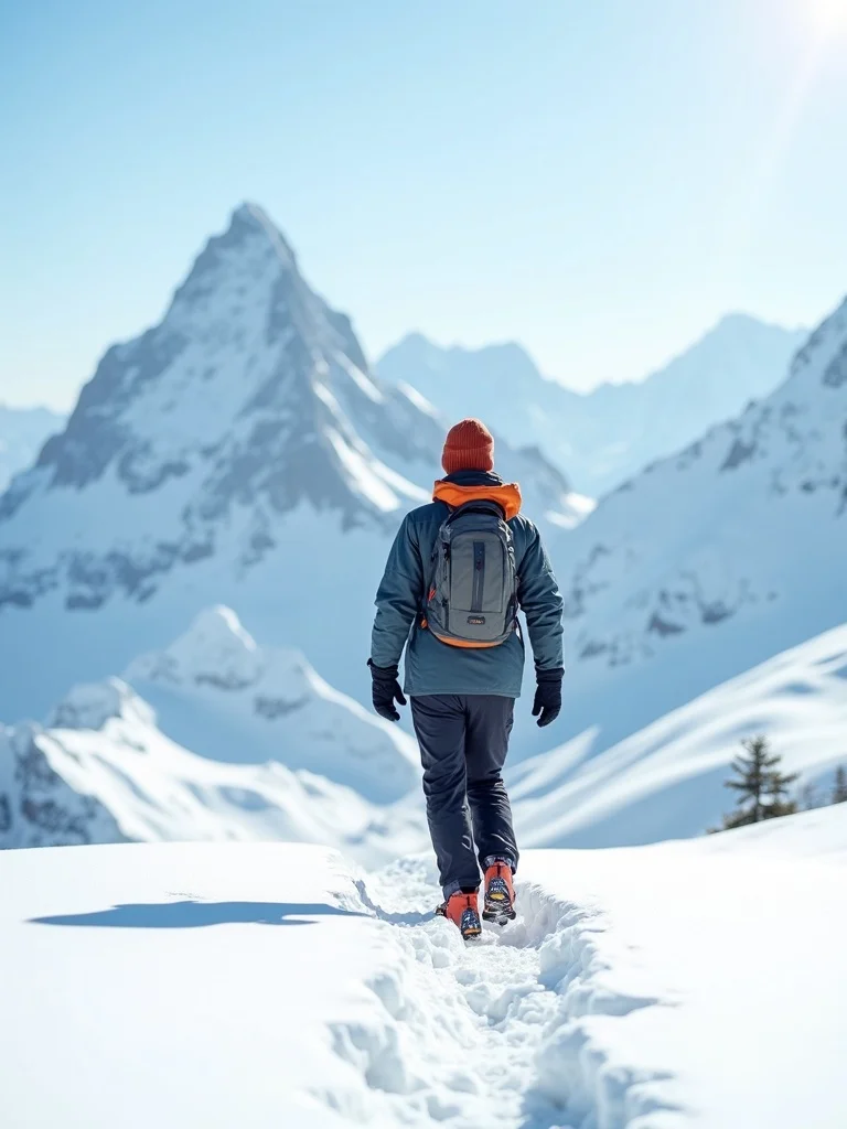 mountain travel photograph of a person in snowy alpine landscape wearing technical winter gear inclu - places AI photo