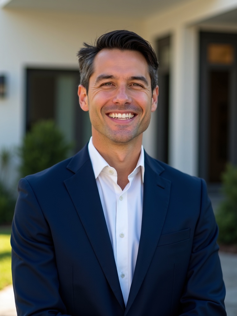 real estate agent headshot photograph of a realtor wearing navy blue blazer with crisp white dress s - realtor-headshots AI photo