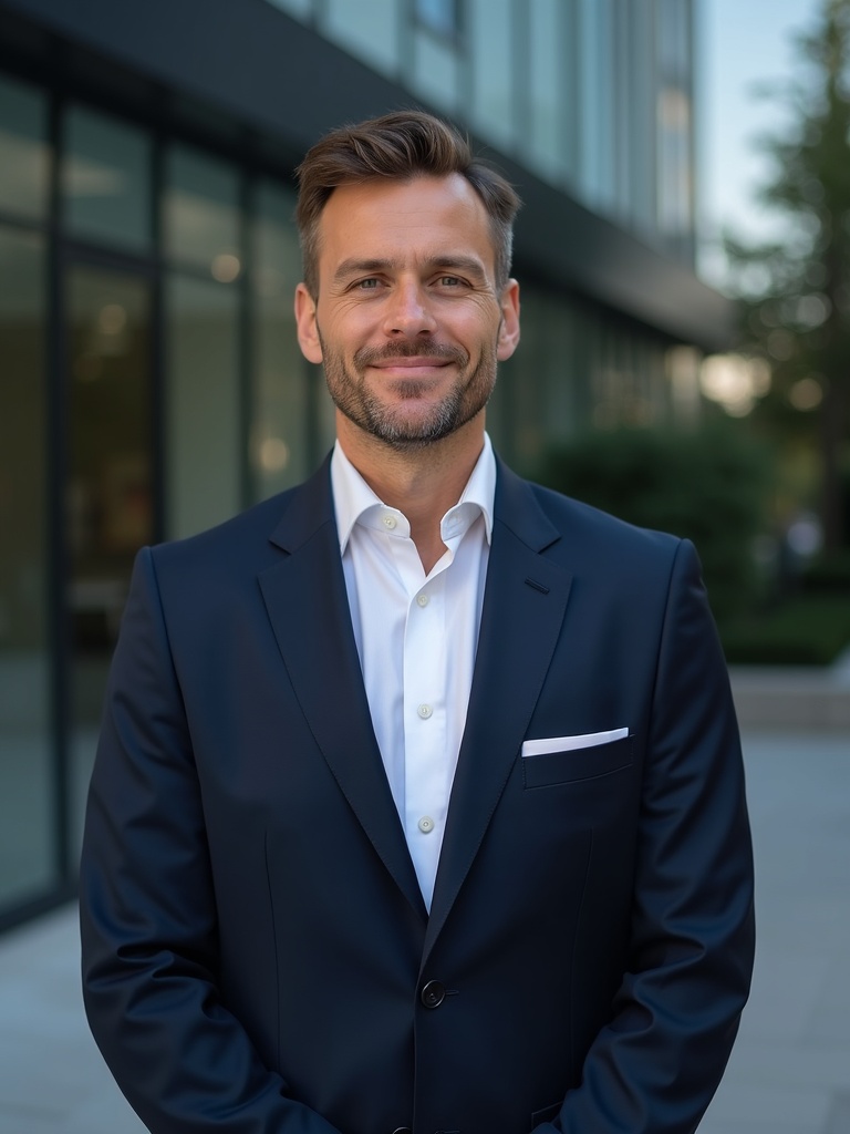 realtor portrait of a real estate agent wearing classic business suit standing in front of modern gl - realtor-headshots AI photo