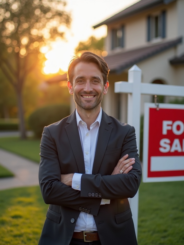 real estate agent portrait of a realtor in modern business casual attire standing beside FOR SALE si - realtor-headshots AI photo