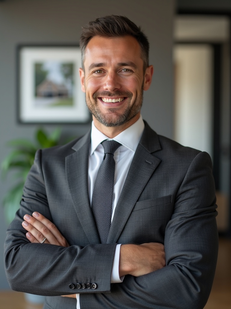 realtor headshot of a male real estate agent wearing charcoal gray suit with professional tie - realtor-headshots AI photo