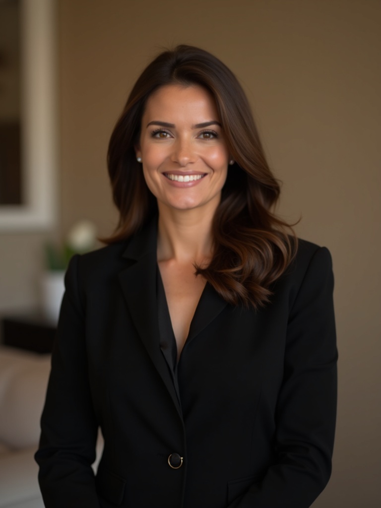 real estate portrait of an agent wearing sophisticated black blazer over professional blouse - realtor-headshots AI photo