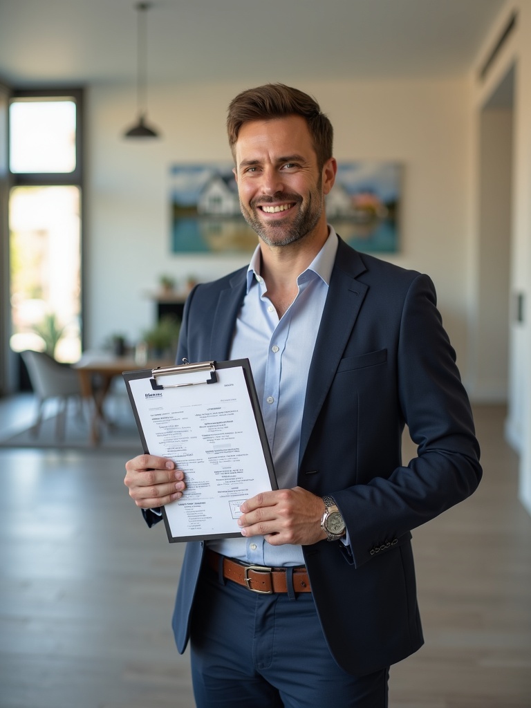 realtor headshot of a real estate agent in modern fitted suit holding clipboard with property docume - realtor-headshots AI photo