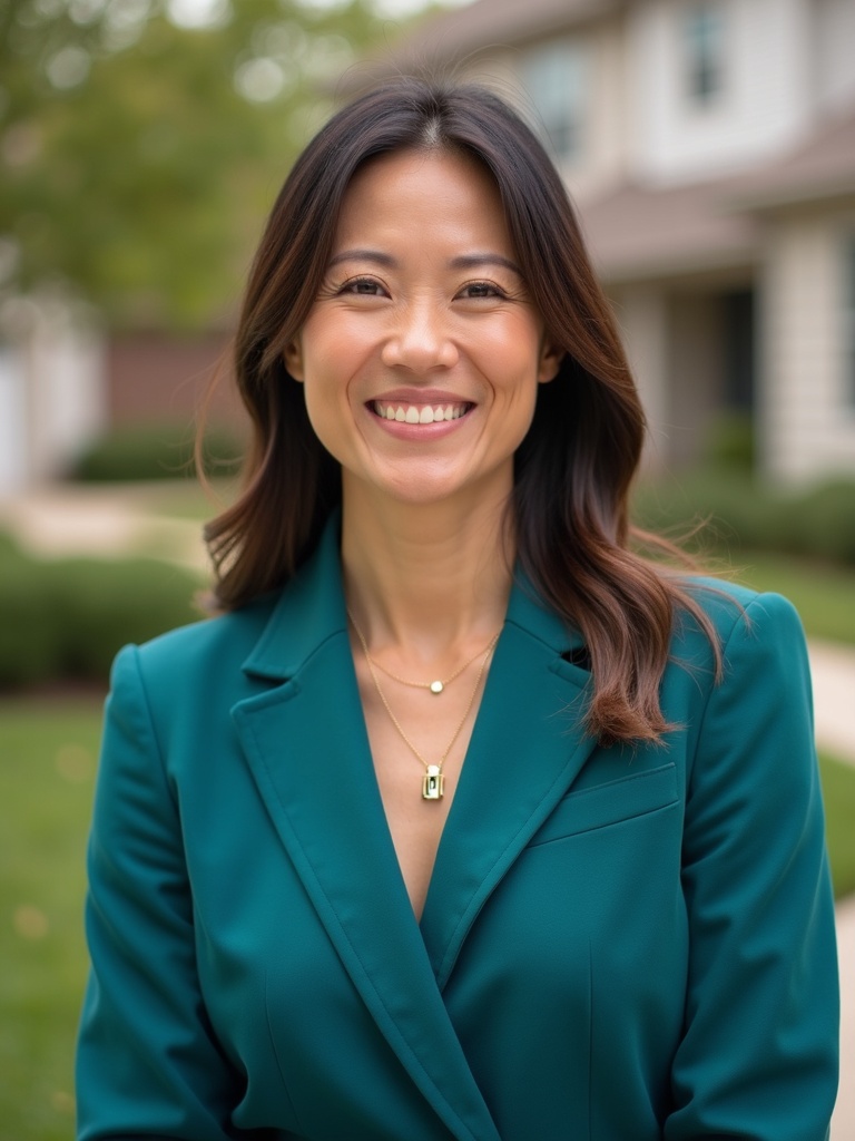 real estate headshot of an agent wearing teal blazer with professional styling - realtor-headshots AI photo