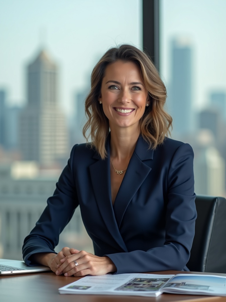 realtor portrait of a real estate agent in elegant navy dress or suit - realtor-headshots AI photo
