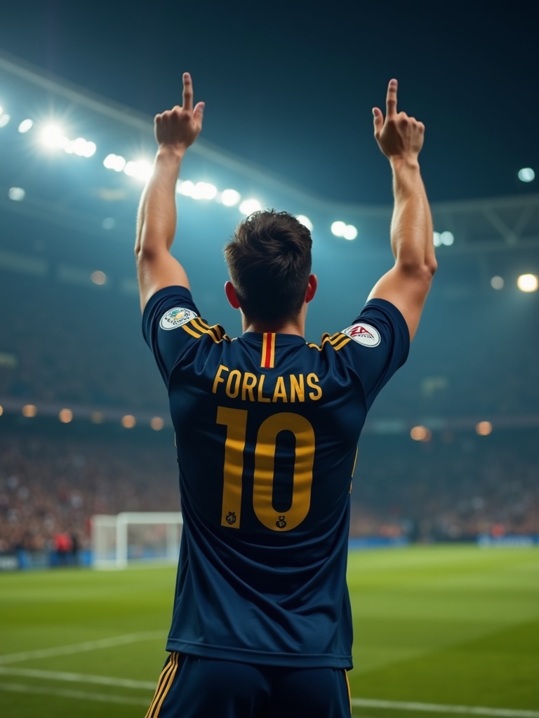 sports photograph of a person in football (soccer) uniform celebrating a goal with arms raised in vi - sports AI photo