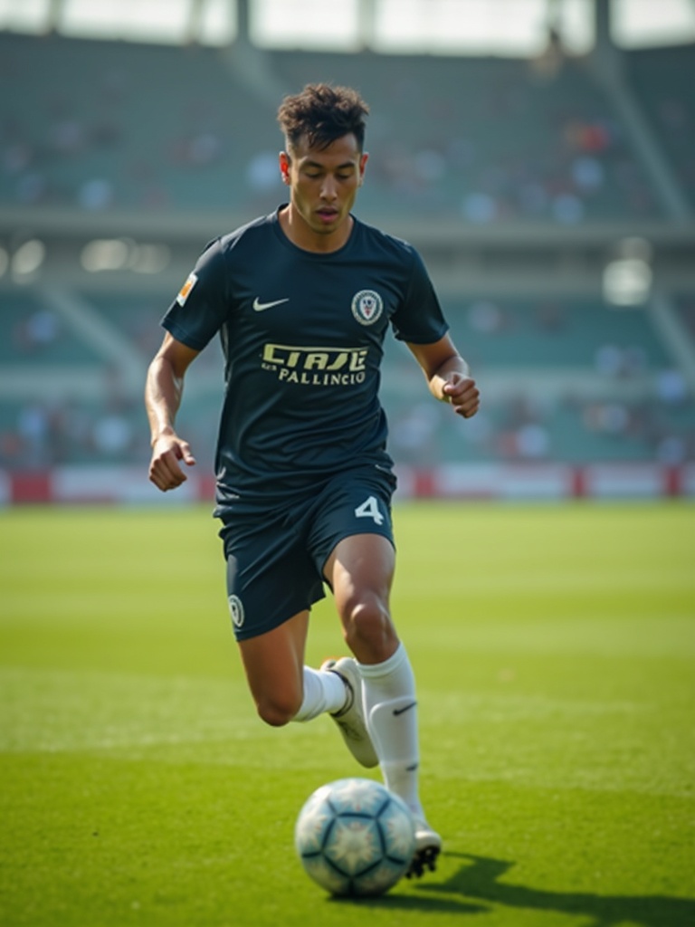 action photograph of a person dribbling a football (soccer ball) with focused athletic form. The per - sports AI photo