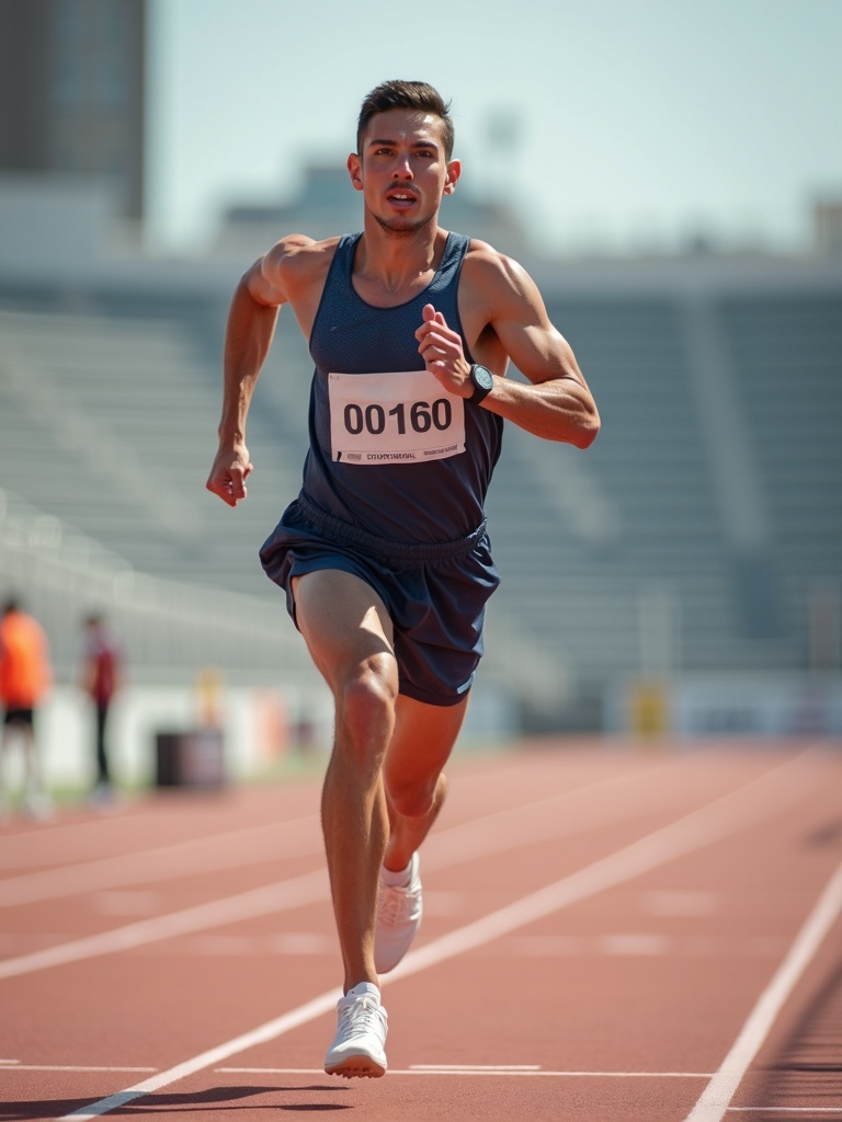 sports photograph of a person in athletic running pose sprinting on outdoor track. The person wears  - sports AI photo