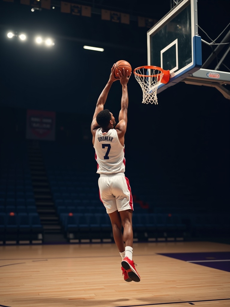 sports photograph of a person shooting basketball at the hoop in mid-action. The person wears basket - sports AI photo